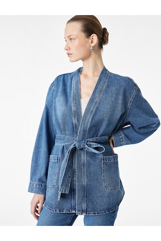Koton Regular Fit Cepli Uzun Kollu Kemerli Denim Ceket Orta İndigo 6sal60006md