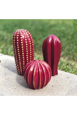 Thiramis Homeconcept Dekoratif 3'lü Kaktüs Bordo Gold Detay