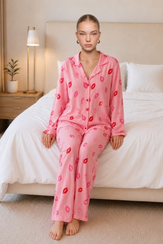 Womanandkids Night Pembe Kadın Dudak Desenli Pijama Takımı 4677