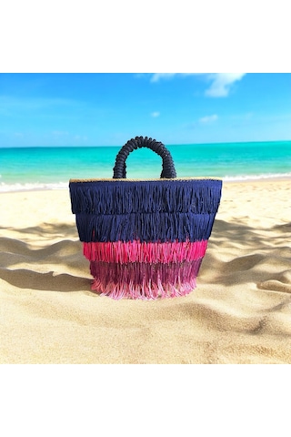 Hasır Çanta, Plaj Çantası, Tasarım Çanta, Renkli Püsküllü El Çantası Lacivert