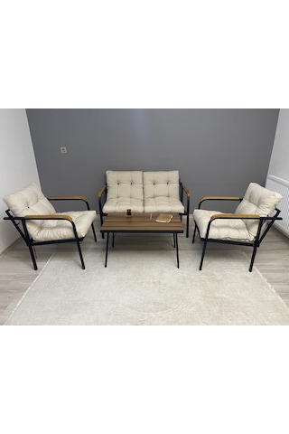 Modern Mars Balkon, Bahçe, Cafe - Metal Kanepe Koltuk Takımı - 2+1+1 + Sehpa Krem Modernsh33 Krem