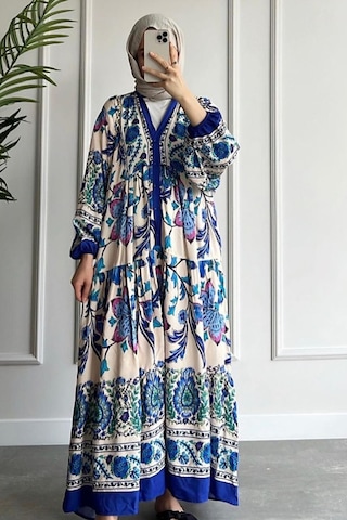 Ladies First Büyük Beden Doğal Kumaştan 9017-d03 Desenli Pamuk Elbise 001