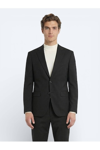 Siyah Düz Modern Fit Yün Karışımlı Takım Elbise Siyah