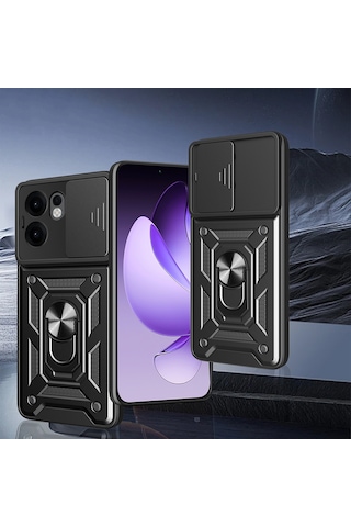 Oppo Reno 13f 5g Kılıf Magnetik Standlı Kamera Korumalı Zore Sürgülü Vega Kapak Siyah