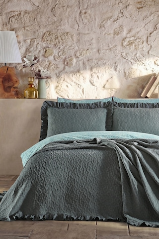 Doqu Home Leris Bouquet Fırfırlı Yatak Örtüsü Çift Kişilik Taş Ekru