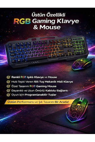 Mekanik Rgb Oyuncu Klavye Mouse Seti 105 Tuş Led Işıklı Kablolu Gaming Klavye Siyah Diğer