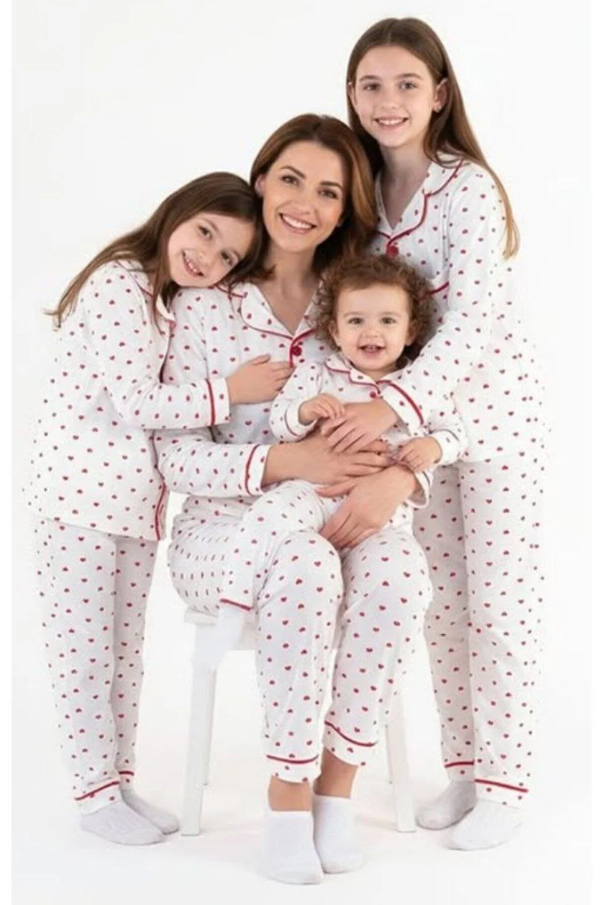 Dolaş Kids Anne Ve Kız Çocuk Kombin Pamuklu Kalıp Basklı Pijama Takımı Beyaz