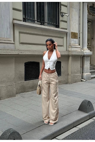 HLT Jeans Kadın Krem Baggy Beli Lastikli Keten Görünümlü %100 Pamuk Pantolon Emily-3018
