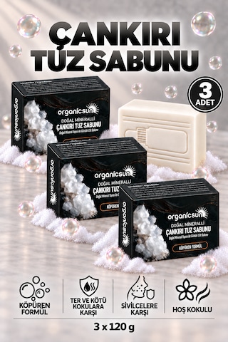 Organicsun Çankırı Tuz Sabunu 120 Gr X 3 Adet Köpüren Formül - Zengin Doğal Mineralli Kaya Tuzu Sabunu