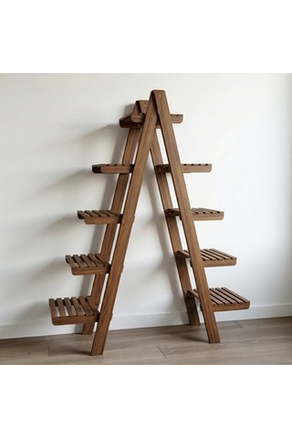 Wooddecor 5 Katlı Ahşap Merdiven Çiçeklik - 120x100 Cm Geniş Raf Standı Kahverengi