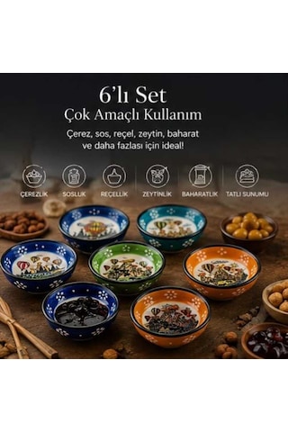 Kapadokya Çerezlik,sosluk,reçellik,zeytinlik,baharatlık,kahvaltılık Sunum Kaseleri 6 Lı Yuvarlak Çok Renkli