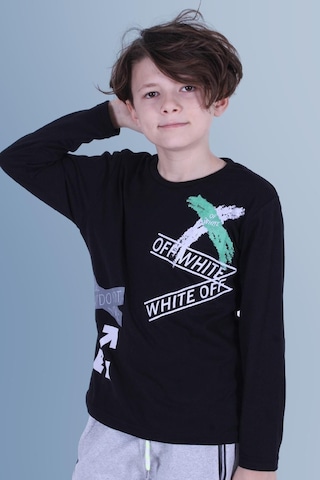 Panios Kids X Baskılı Uzun Kollu Erkek Çocuk Siyah Sweatshirt Siyah