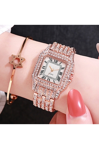 Vkemall Kadınlar İçin Roman Desenli Tam Taşlı Kare Kadran Kvartz Kol Saati - Xr4565 Modeli Gümüş Renkli Zeytinyağlı Kordonlu Elegan Saat Silver