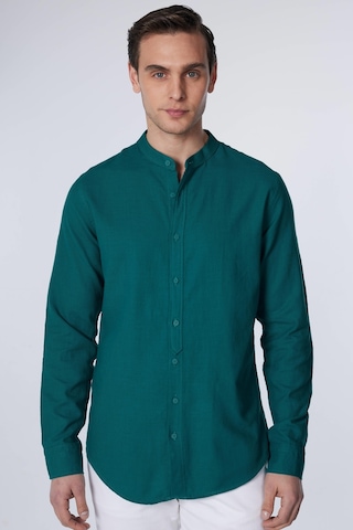 Tudors Slim Fit Uzun Kollu Dar Kalıp Hakim Yaka Pamuklu Düz Keten Doku Yazlık Yeşil Erkek Gömlek-30475-yeşil Yeşil