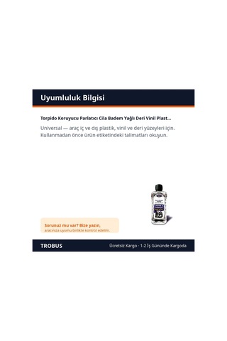 Trobus Torpido Koruyucu Parlatıcı Cila Badem Yağlı Deri Vinil Plastik 200 Ml
