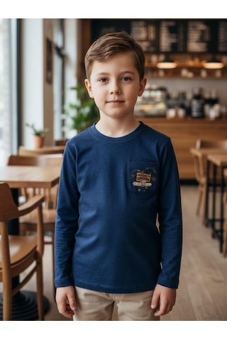 Zekids Erkek Çocuk Pamuklu Baskılı İnce Uzun Kollu T-shirt-16401 Lacivert
