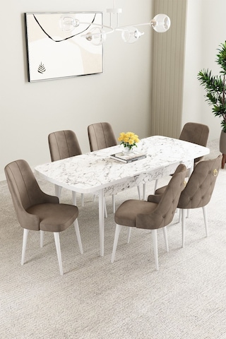Clara Beyaz Mermer Desen 80x132 Açılabilir Mdf Masa Yemek Odası Takımı,mutfak Takımı 6 Adet Sandalye Cappucino
