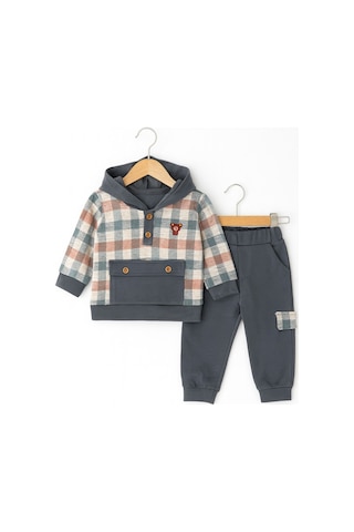 For My Baby Kapüşonlu Ekose Detaylı Bebek Takımı Füme