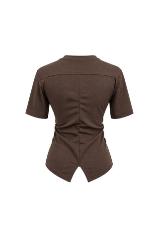 Mixray 2095 Kadın Büzgü Detaylı Arkası Yırtmaçlı Basic T-shirt Kahve Kahverengi