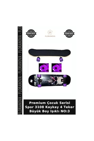 Premium Çocuk Serisi Spor 3108 Kaykay 4 Teker Büyük Boy Işıklı No:3 Çok Renkli