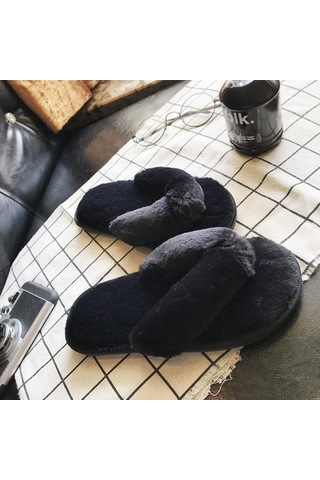 Reedark 2024 Kadın Ev Terliği - Yumuşak Tavşan Tüyü, Kaymaz Tabanlı Siyah Sıcak Ayakkabı Siyah
