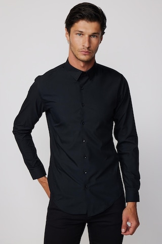 Tudors Slim Fit Arkadan Pensli Önden Kulplu Düz Trend Siyah Erkek Gömlek-28230-siyah Siyah