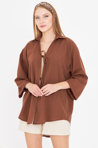 Armonika Kadın Kahve Gömlek Yakalı Önden Bağcıklı Kimono Gömlek Arm-25k001006 Kahverengi