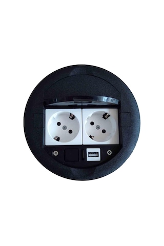Masa Üstü Priz Kutusu Gömme Tip Siyah + 2 Ad. Priz + 1 Ad. USB Ge