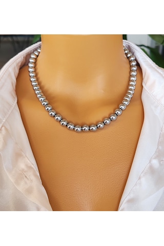 Gümüş Rengi 8 Mm Top Hematit Kadın Kolye Gümüş