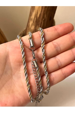 Çelik Burgu Arası Zincir Model Unisex Kolye Bileklik Set 3mm