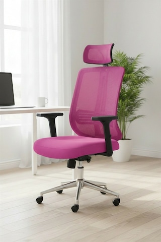 Upstyle Poyraz Başlıklı Fileli Ergonomik Çalışma Koltuğu Pembe Krom Koltuk 66 125 65 Cm
