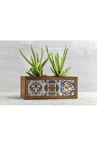 Halohope El Yapımı 3 Meksika Çinili Dekoratif Modern Ahşap Dikdörtgen Bahçe Balkon Saksı Saksılık Çiçeklik