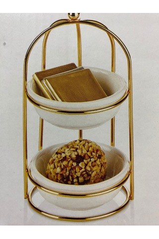 2 Katlı Gold Detaylı Standlı Porselen Yuvarlak Kaseli Şekerlik Sosluk Sunumluk