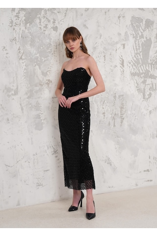 Livanomi Boncuk İşlemeli Straplez Siyah Abiye Elbise Siyah