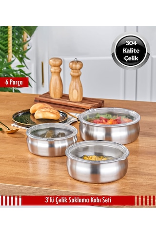 Steel&More 3 Lü Çelik Güveç Model Saklama Kabı 6 Parça Gri
