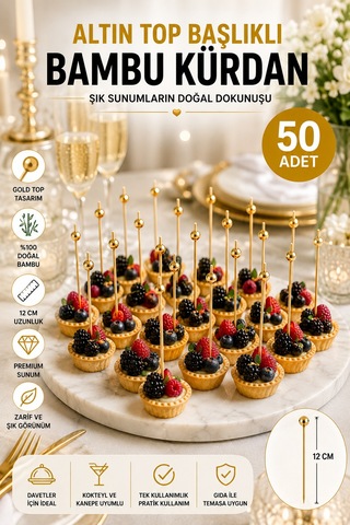 50 Li Altın Top Başlıklı 12 Cm Bambu Kürdan Seti Kokteyl, Tatlı Ve Davet Sunumları İçin Şık Seçim