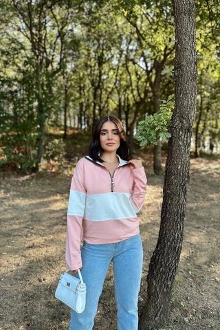WeShaya Kadın Pembe Uzun Kol, Dik Yaka, Fermuarlı, Double Color Block Basic Sweatshirt Bluz Pembe