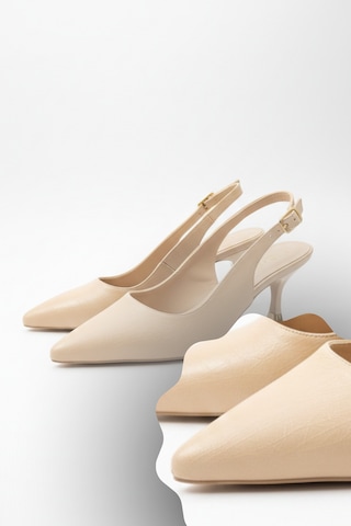 Papuç Sepeti 4000 Kadın 7,5 Cm Topuklu Arkası Açık Stiletto Ayakkabı Krem