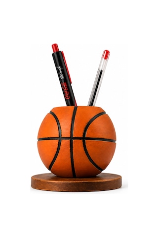 Basketbol Topu Tasarım Kalemlik 10 Cm Standlı Dekoratif Masaüstü Organizer Kalem Tutucu Siyah - Beyaz