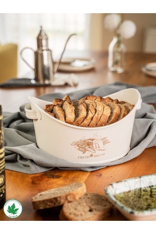 Metal Kayık Ekmeklik, Gondol Ekmeklik, Ekmek Sepeti, Sunumluk Fresh Bread Baskılı - Krem Beyaz