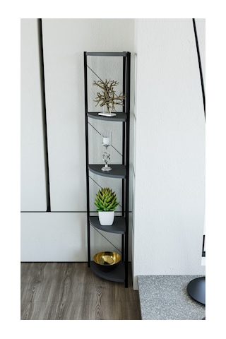 Alpa Ev Mobilya Üçgen Köşe Raf, 5 Raflı Metal Gövdeli Dekoratif Kitaplık, Çok Amaçlı Ünitesi Antrasit