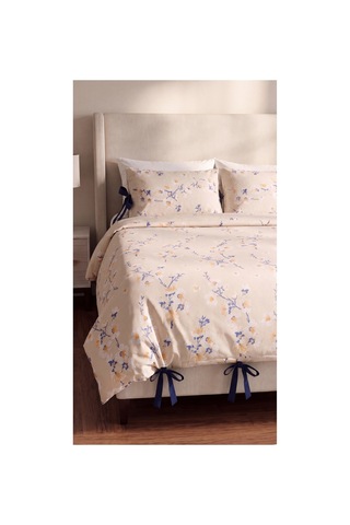%100 Pamuk Çiçek Desenli Çift Kişilik Nevresim Seti 4 Lacivert Bağcıklı 2 Adet Tek Bağcıklı Yastık Kılıfı Ekru - 907788545 Ekru