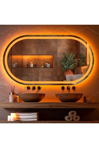 Ovanta Amber Led'li Lazer Kumlamalı Lavabo & Banyo Aynası Dokunmatik Sensörlü 100 X 55 Cm Turuncu