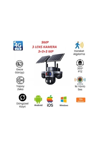 9mp Üç Lensli Güneş Enerjili Dış Mekân Güvenlik Kamerası Dahili Batarya Sim Kart Girişli İp Kamera