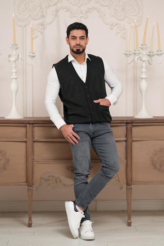 Woolen World Regular Fit Ön Cepli Kolsuz Erkek Triko Yelek Antrasit