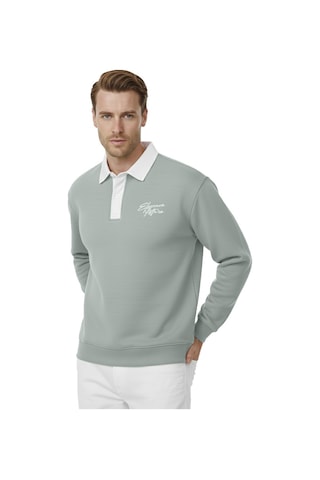 Deepsea Erkek Mint Yeşili Relax Fit İçi Polarlı Polo Yaka Sweatshirt Pamuklu Kalın Sweatshirt 2600762 Mint Yeşili