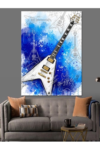 Ahşap Tablo Fly Kasa Elektro Gitar Ve Mavi Arka Fon