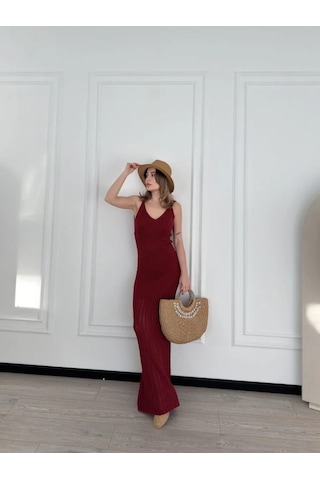 Kadın Örgülü Uzun Triko Elbise - Bordo Bordo