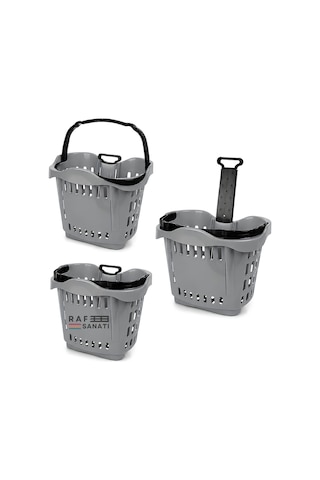 10 Adet - 43 Lt Tekerlekli Market Sepeti Plastik Alışveriş Sepeti Ergonomik Çift Saplı Gri