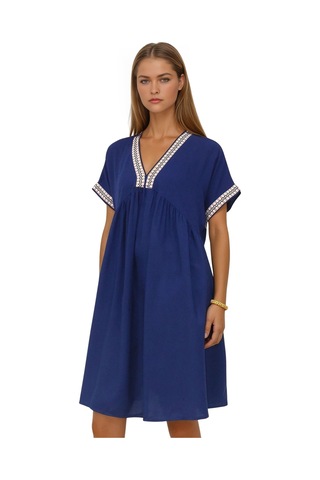 V Yaka Hasır Örgü Detaylı Kısa Viskon Elbise Lacivert